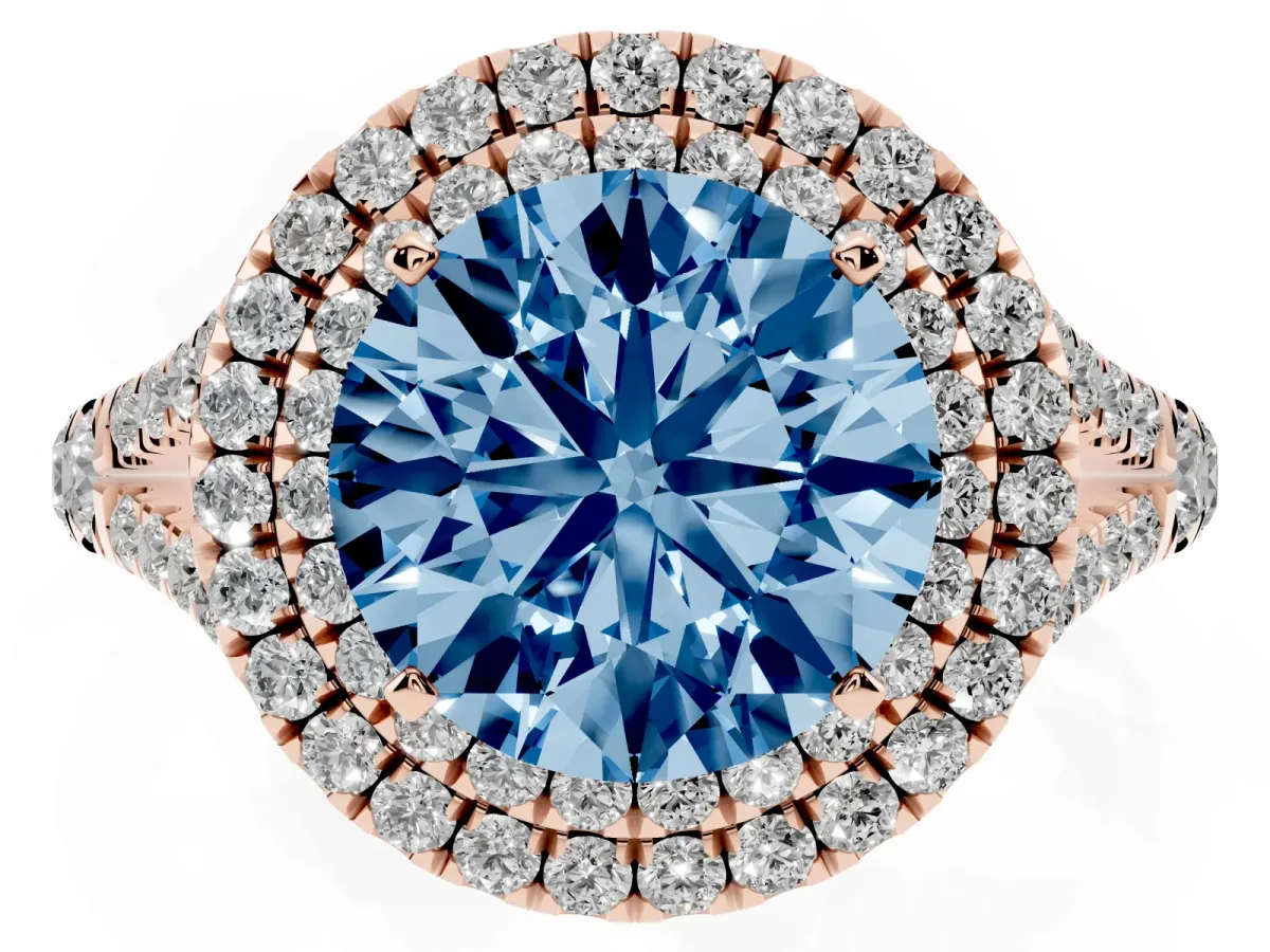 Fancy Blue Round Cut Diamond Double Halo Ring with Split Shank and Prong Setting Rose gold