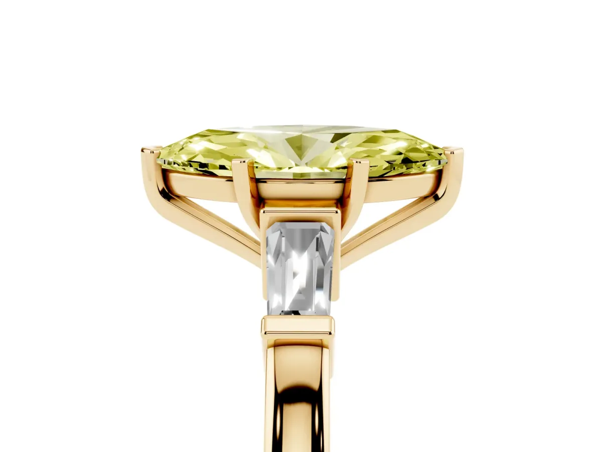 Fancy Yellow Marquise Cut Cut Diamond Solitaire Ring with Tapered Baguette Accents and Four-Prong Setting Yellow gold