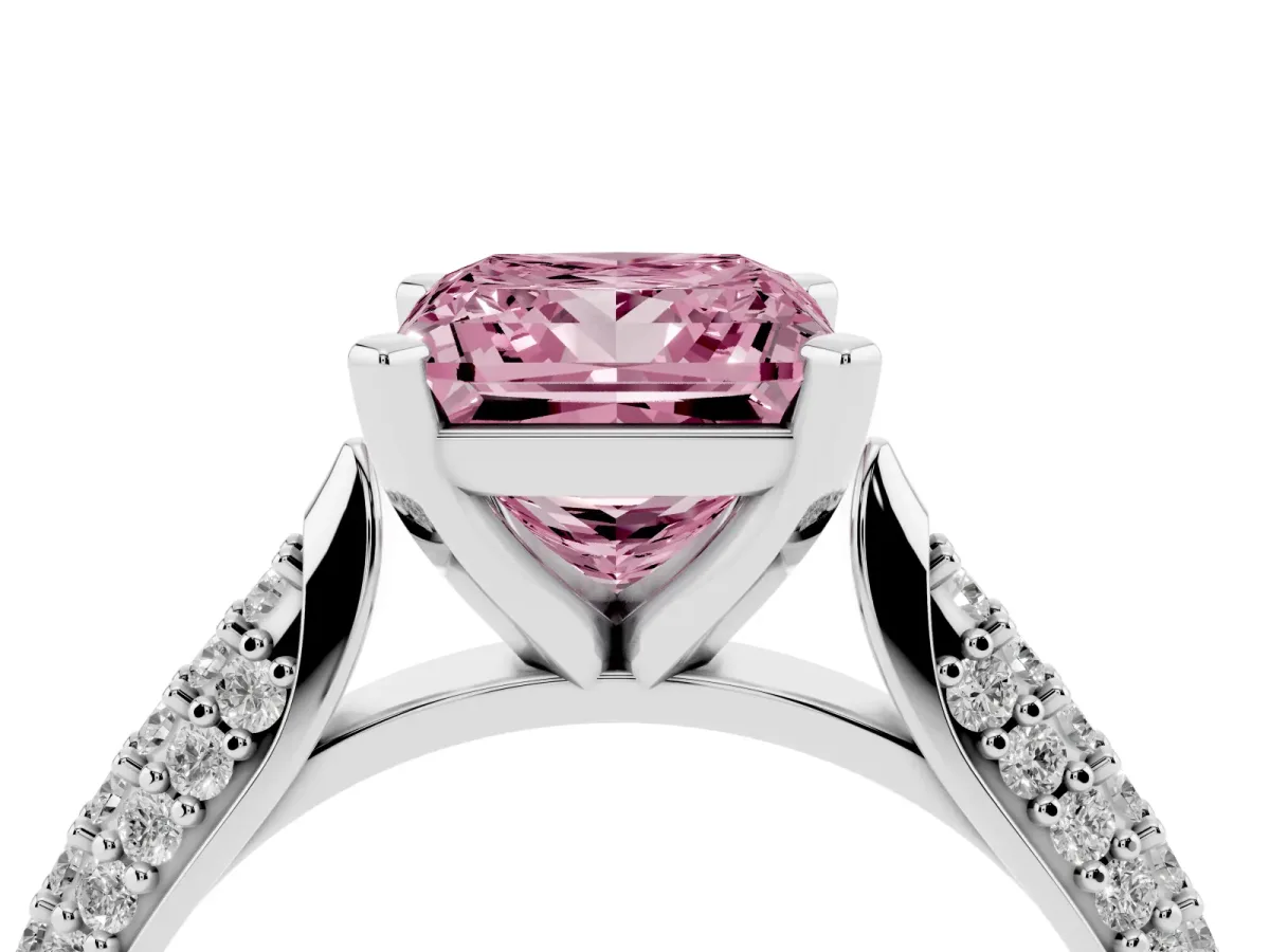 Fancy Pink Princess Cut Diamond Solitaire Engagement Ring with Multi-Row Round Pavé Band and Prong Setting Silver