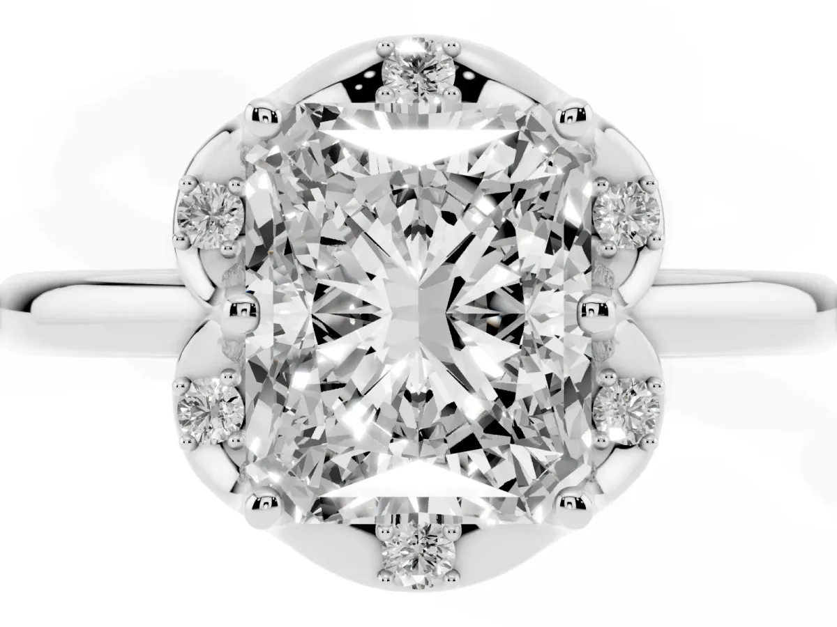 Radiant Cut Halo Diamond Ring with Round Cluster Setting, Solitaire Band, and Four-Prong Setting Silver
