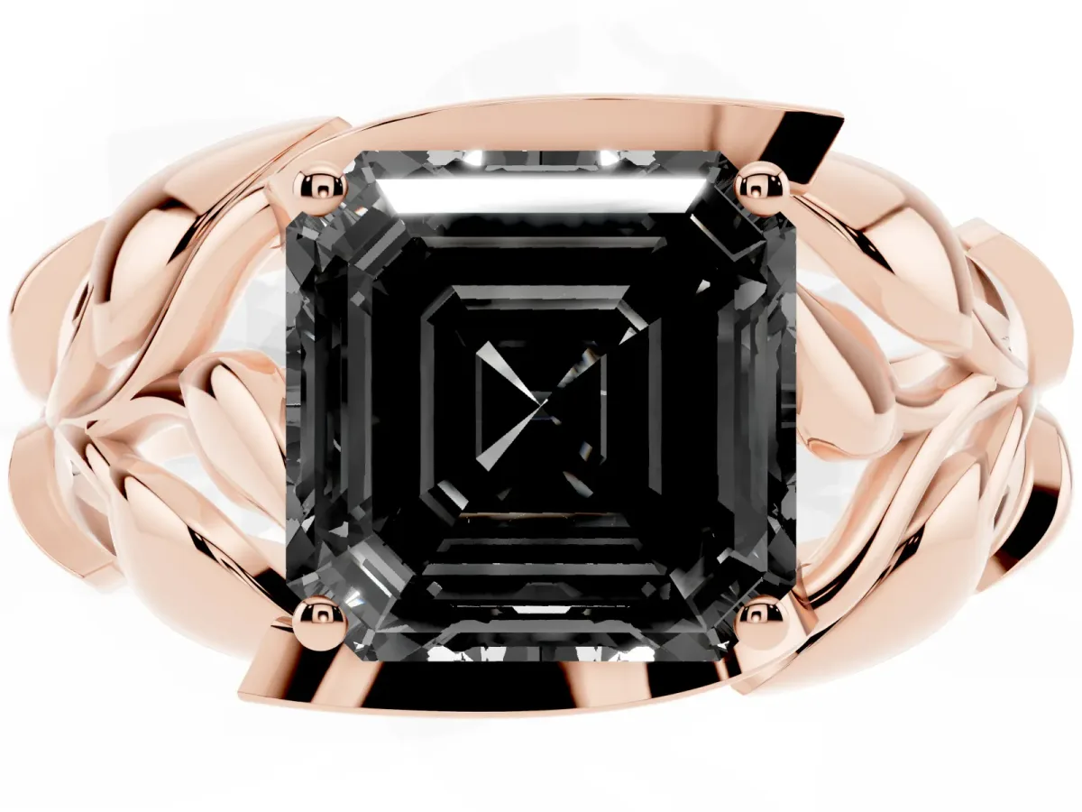 Fancy Black Asscher Cut Diamond Leaf-Inspired Engagement Ring with Round Accents and Prong Setting Rose gold