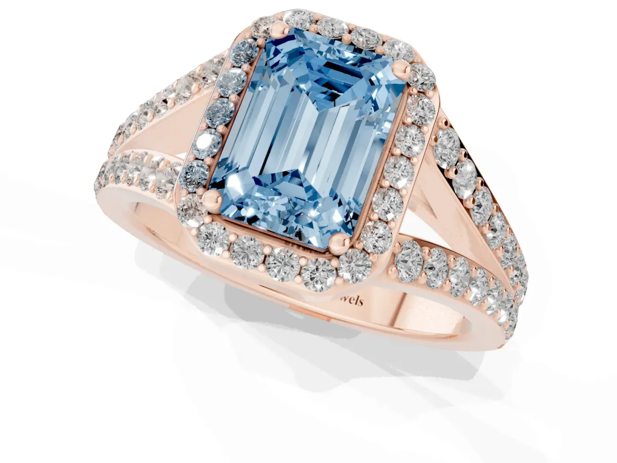 Fancy Blue Emerald Cut Diamond Split Shank Halo Ring with Four-Prong Setting Rose gold