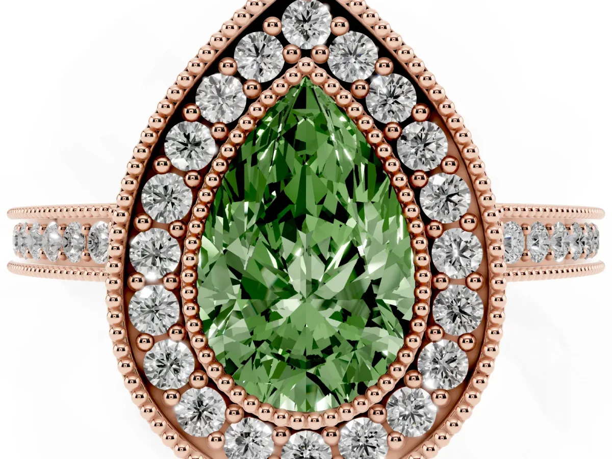 Fancy Green Pear Cut Cut Halo Diamond Ring with Pavé Band and Milgrain Prong Setting Rose gold