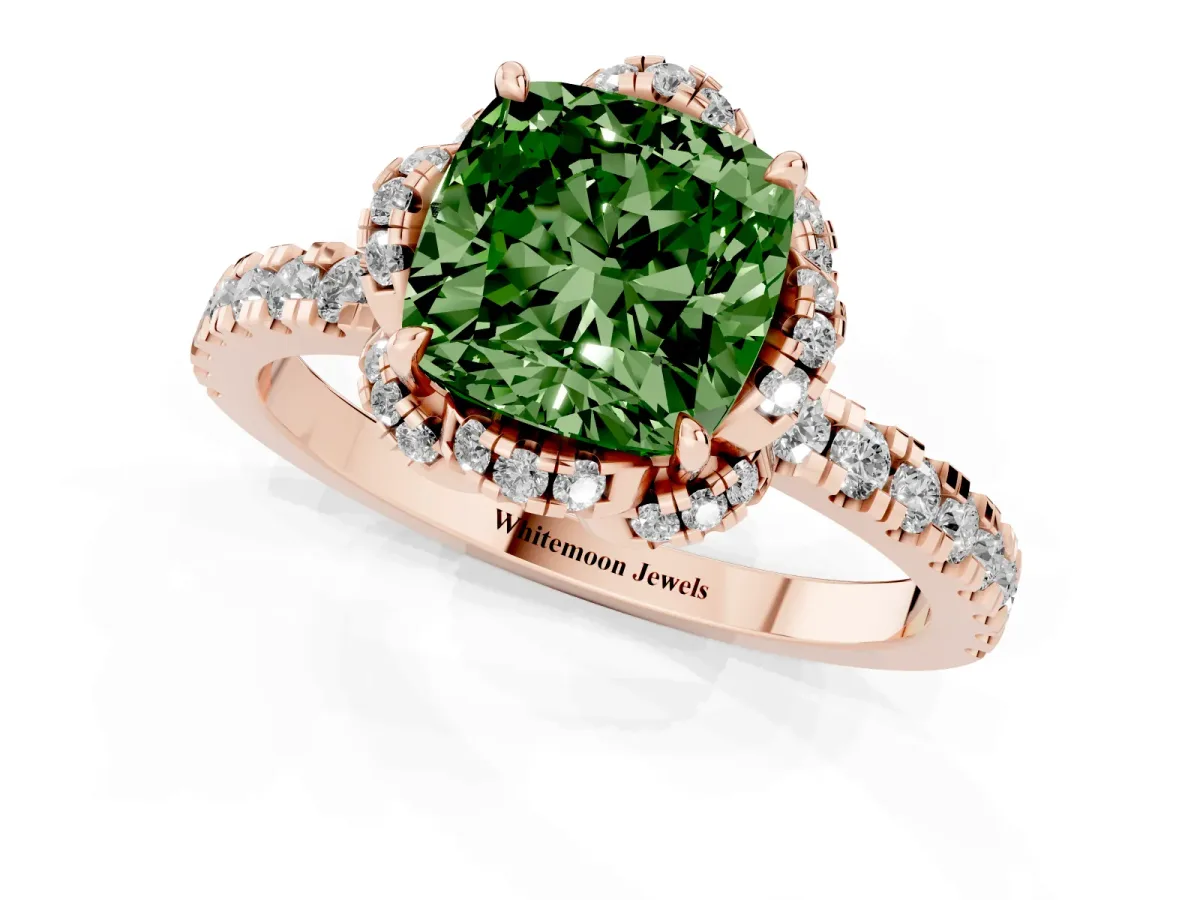 Fancy Green Cushion Cut Halo Diamond Pave Band Ring with Four-Prong Setting Rose gold