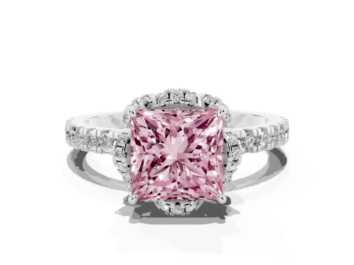 Fancy Pink Princess Cut Diamond Halo Pave Band with Four-Prong Setting Platinum