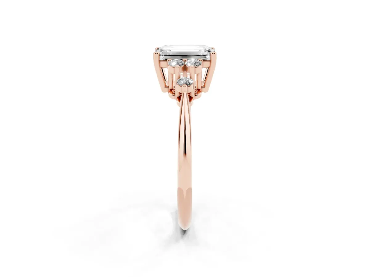 Emerald Cut Cut Diamond Cluster Ring with Solitaire Band and Four-Prong Setting Rose gold