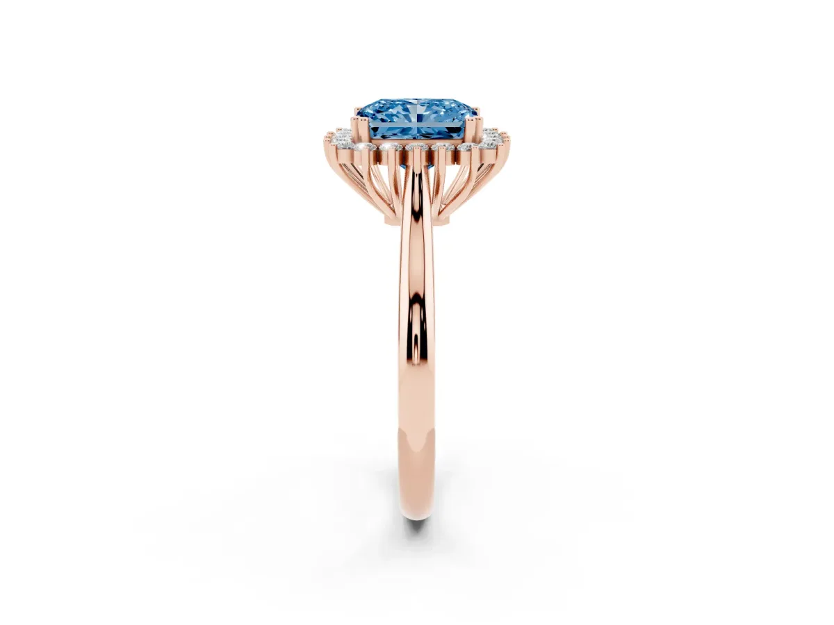 Fancy Blue Radiant Cut Cut Diamond Halo Ring with Solitaire Band and Prong Setting Rose gold