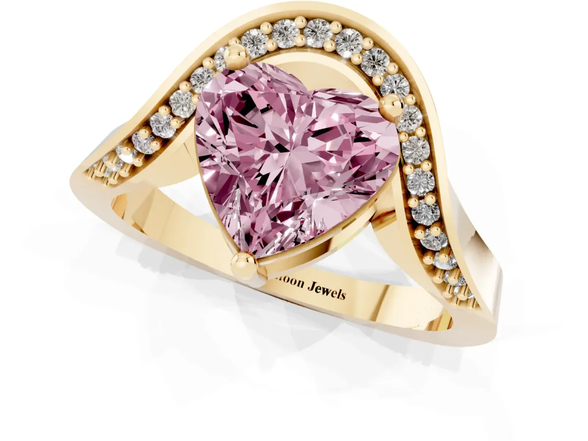 Fancy Pink Heart Cut Solitaire Diamond Engagement Ring with Pave Band and Four-Prong Setting Yellow gold
