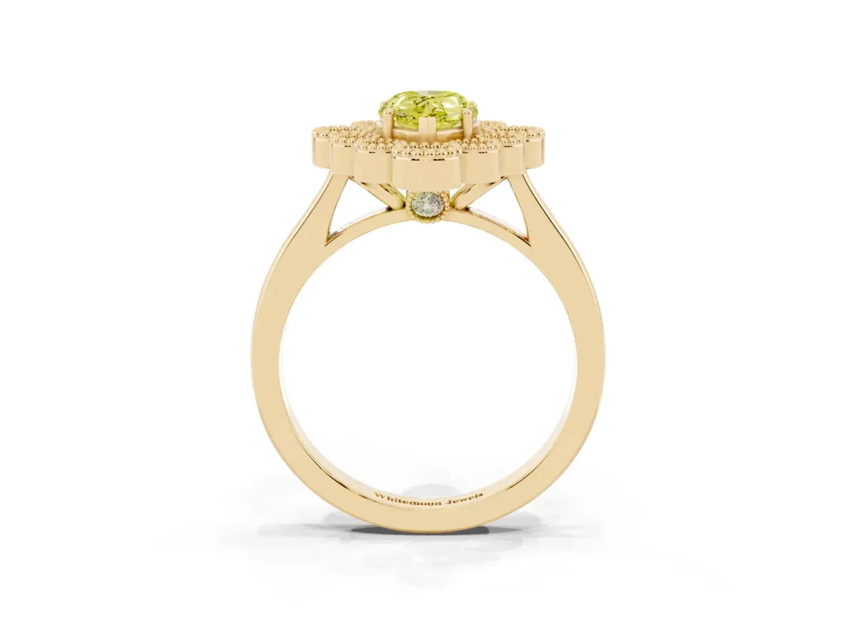 Fancy Yellow Pear Cut Halo Diamond Cluster Engagement Ring with Milgrain Bezel Setting and Solitaire Band Yellow gold