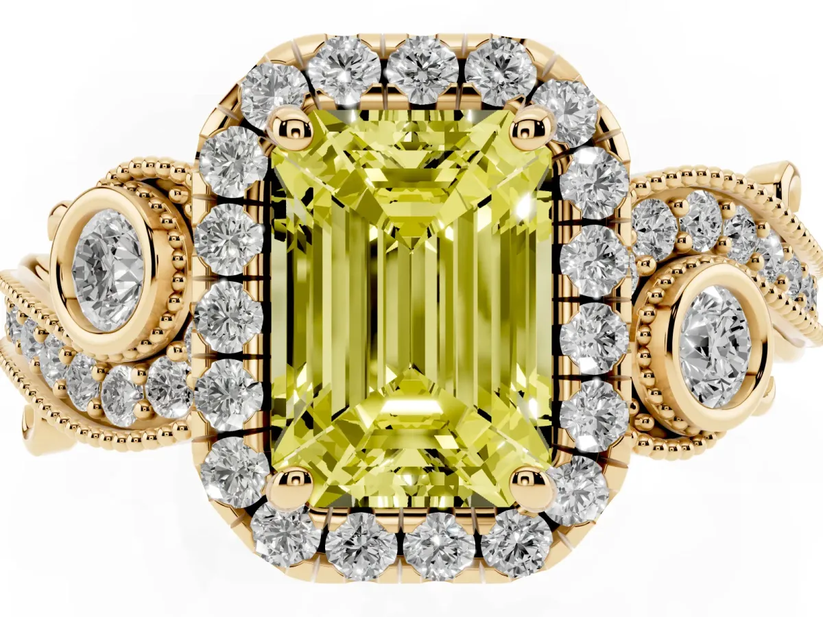 Fancy Yellow Emerald Cut Halo Diamond Ring with Milgrain and Bezel Accents on a Split Shank Band Yellow gold