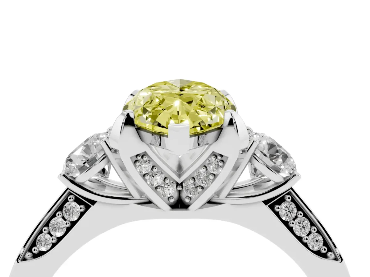 Fancy Yellow Marquise Cut Brilliant Three-Stone Diamond Ring with Pavé Band and Four-Prong Setting Platinum