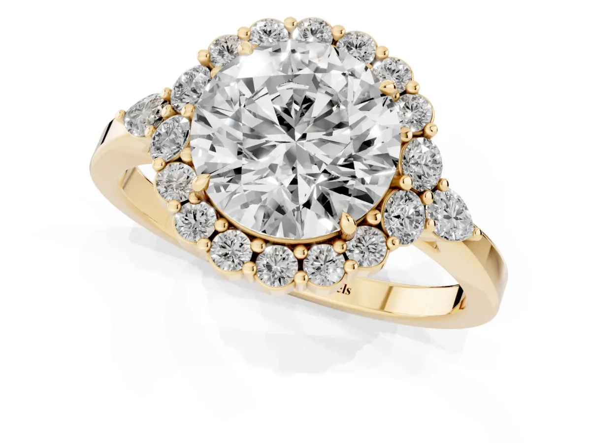 Round Cut Diamond Halo Ring with Pear Side Stones and Prong Setting Yellow gold