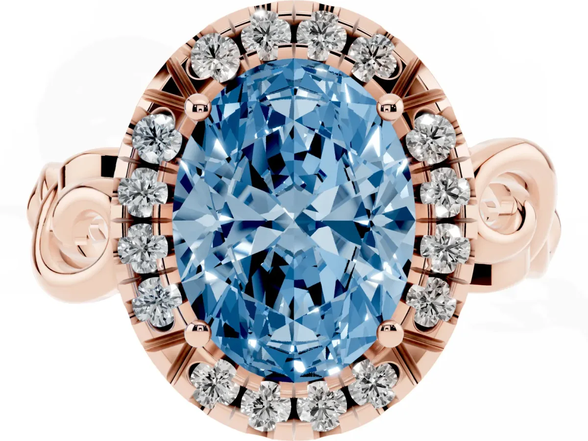 Fancy Blue Oval Cut Cut Halo Diamond Ring with Scrollwork Band and Four-Prong Setting Rose gold