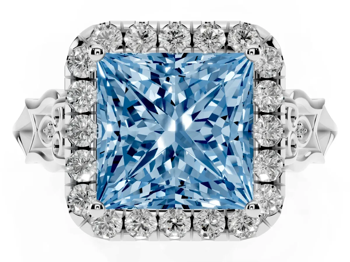 Fancy Blue Princess Cut Halo Diamond Engagement Ring with Filigree Band and Four-Prong Setting Silver