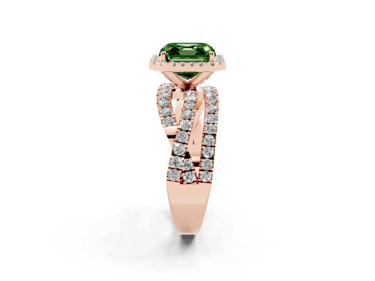 Fancy Green Asscher Cut Diamond Halo Ring with Round Split Shank and Prong Setting Rose gold