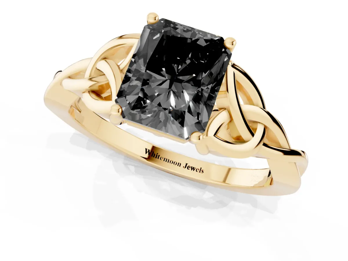 Fancy Black Radiant Cut Diamond Solitaire Engagement Ring with Celtic Knot Band and Four-Prong Setting Yellow gold