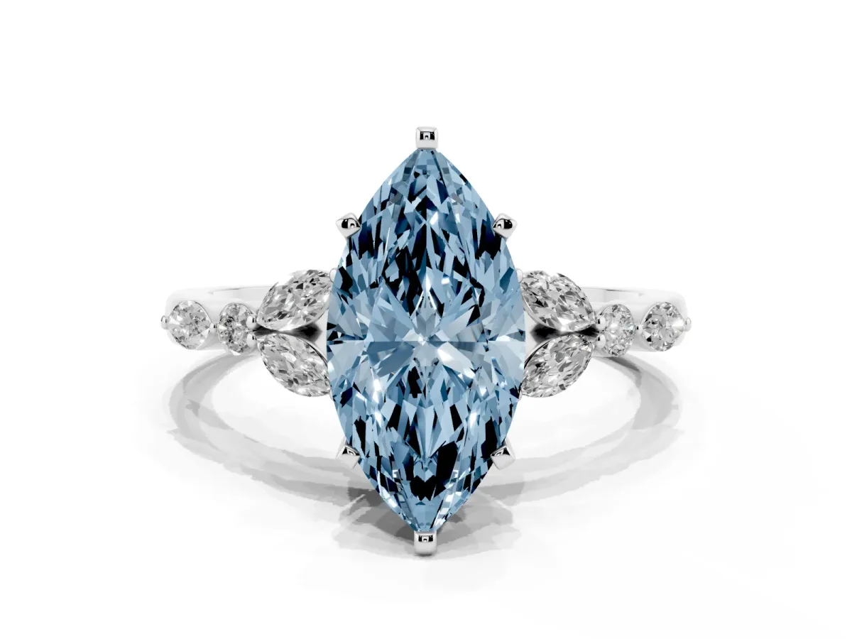 Fancy Blue Marquise Cut Diamond Solitaire Ring with Side Stones and Four-Prong Setting Platinum