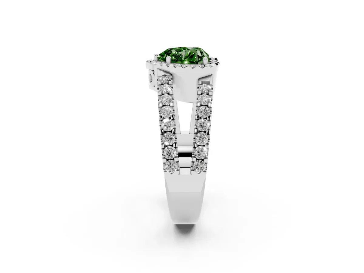 Fancy Green Heart Cut Cut Halo Split Shank Diamond Ring with Four-Prong Setting Silver