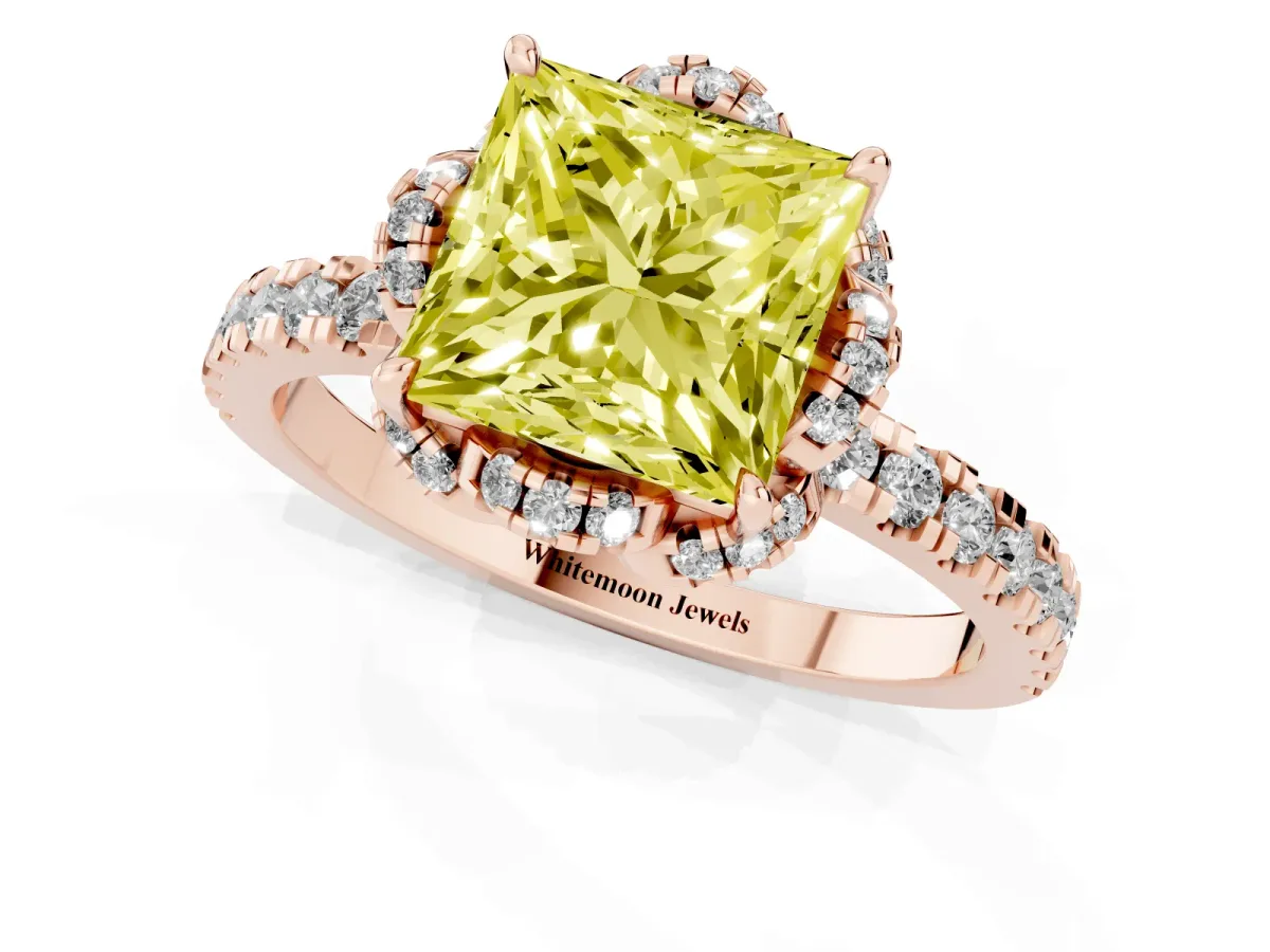 Fancy Yellow Princess Cut Halo Diamond Pave Band Ring with Four-Prong Setting Rose gold