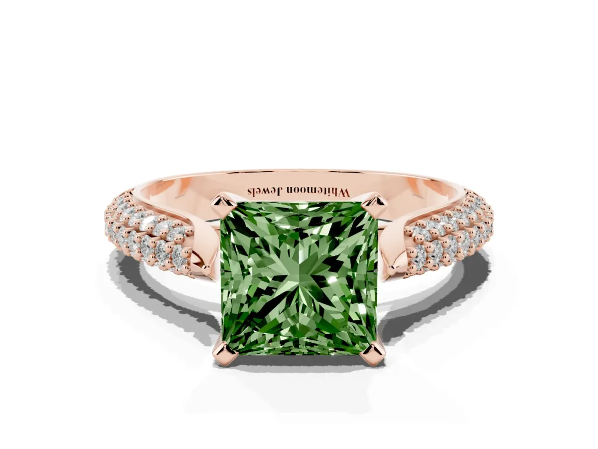 Fancy Green Princess Cut Diamond Solitaire Engagement Ring with Multi-Row Round Pavé Band and Prong Setting Rose gold