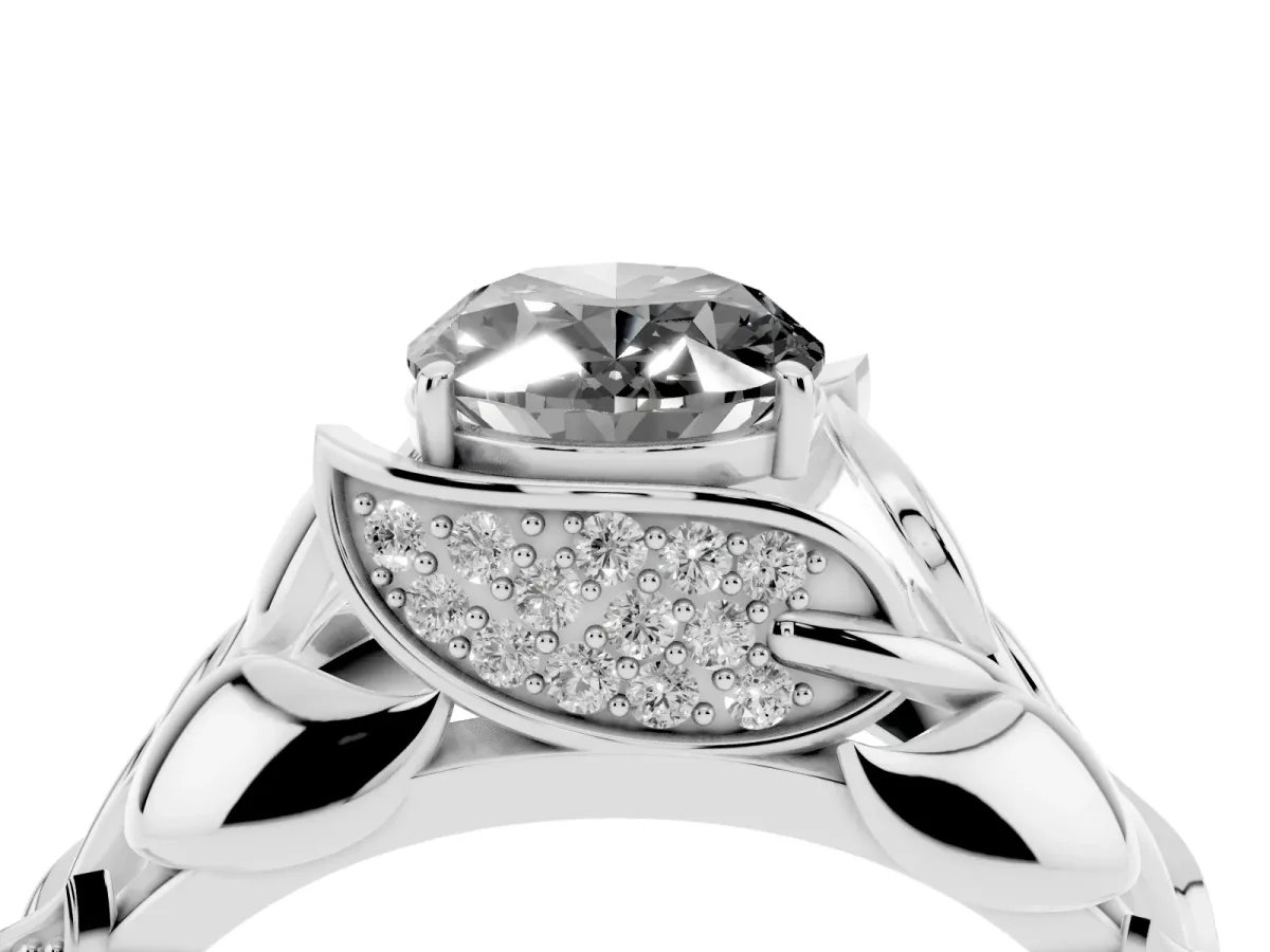 Fancy Black Oval Cut Diamond Leaf-Inspired Engagement Ring with Round Accents and Prong Setting Silver