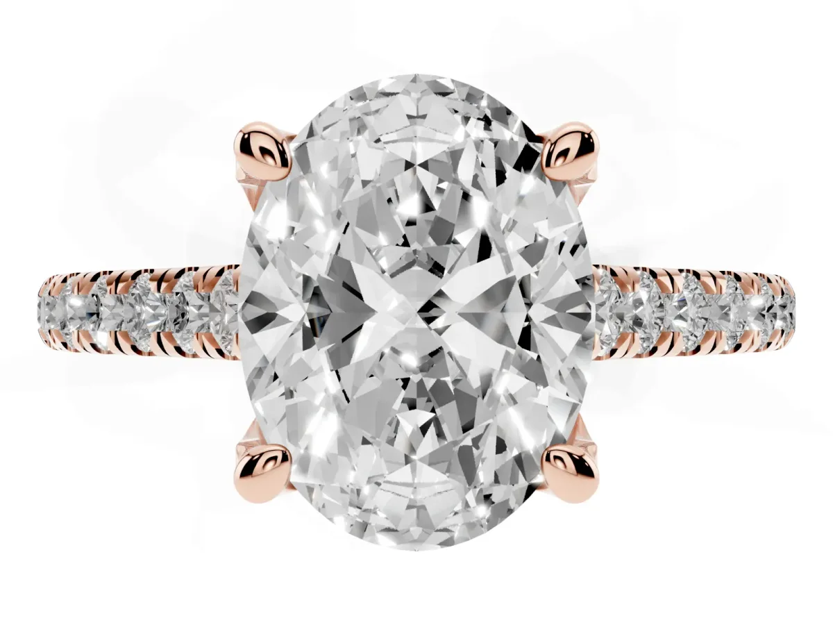 Oval Cut Brilliant Diamond Solitaire with Pavé Band and Four-Prong Setting Rose gold