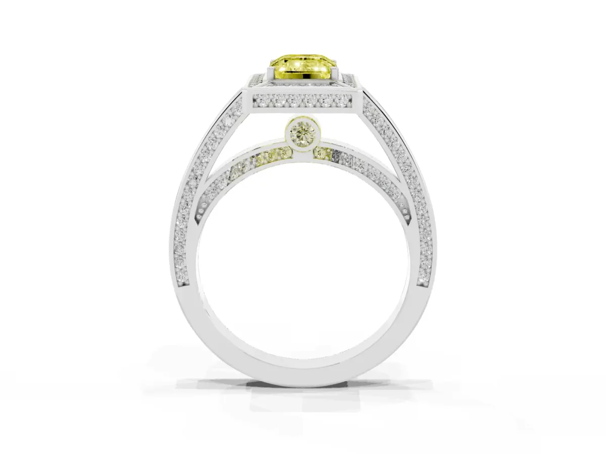 Fancy Yellow Emerald Cut Cut Halo Pave Split Shank Prong Setting Ring Silver