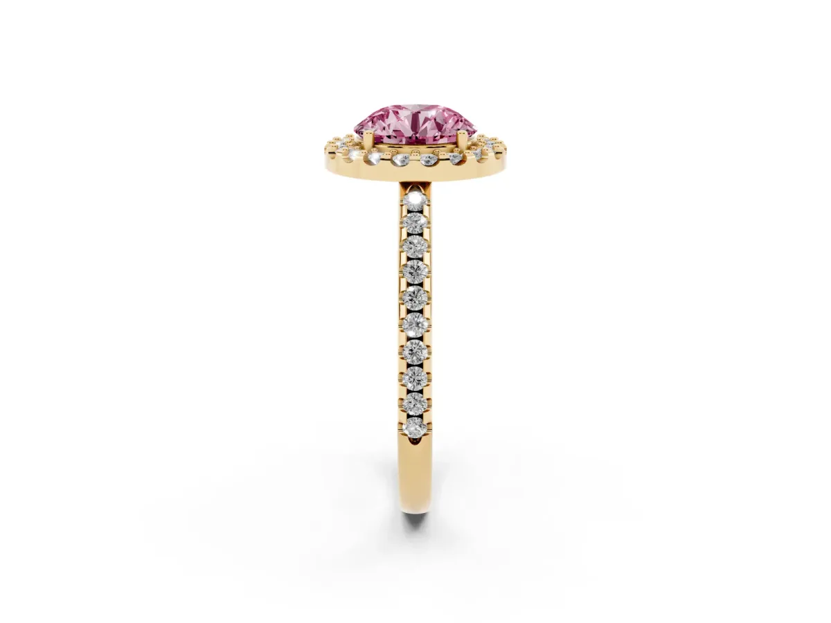 Fancy Pink Round Cut Diamond Pavé Halo Ring with Four-Prong Setting Yellow gold