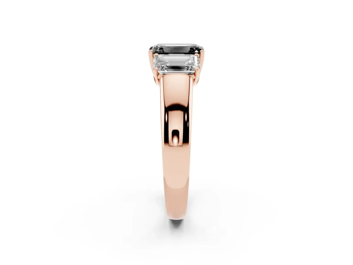 Fancy Black Three-Stone Emerald Cut Cut Diamond Ring with Prong Setting and Classic Band Rose gold