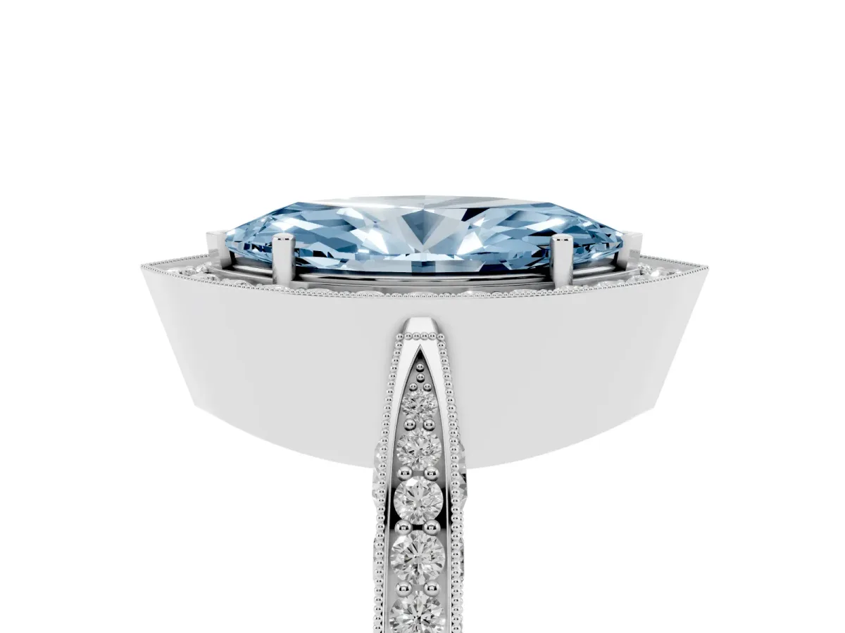 Fancy Blue Marquise Cut Halo Diamond Engagement Ring with Split Shank Band and Four-Prong Setting Silver