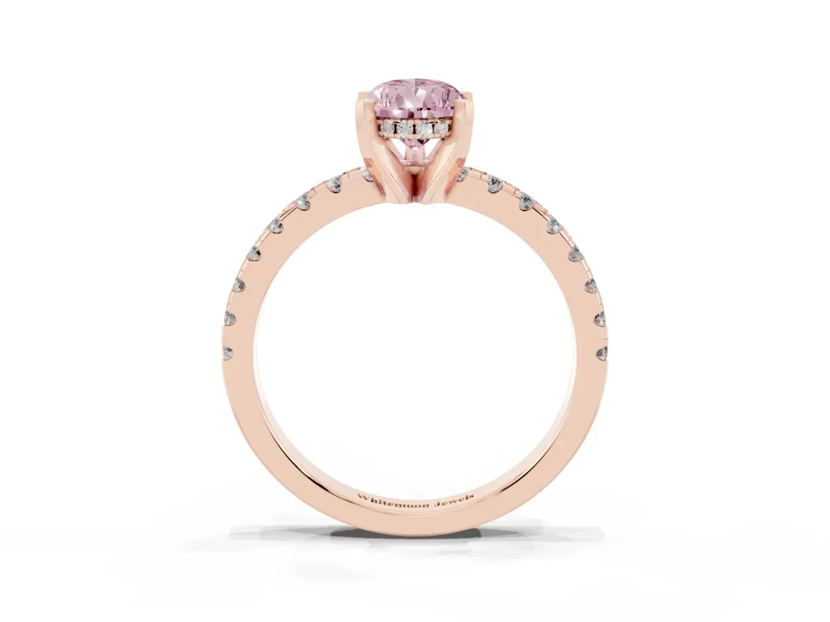 Fancy Pink Pear Cut Diamond Solitaire Ring with Round Pavé Band and Four-Prong Setting Rose gold