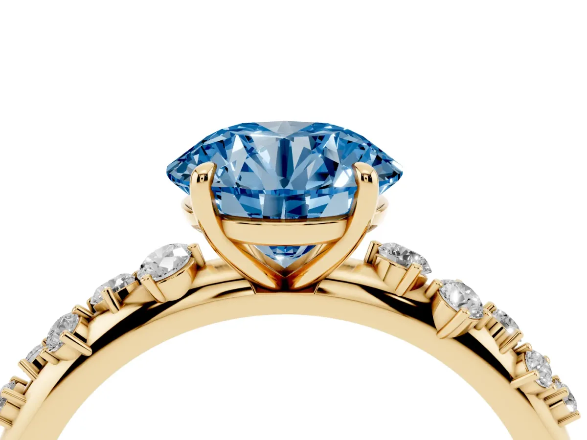 Fancy Blue Round Cut Diamond Cluster Prong-Set Solitaire Ring Yellow gold
