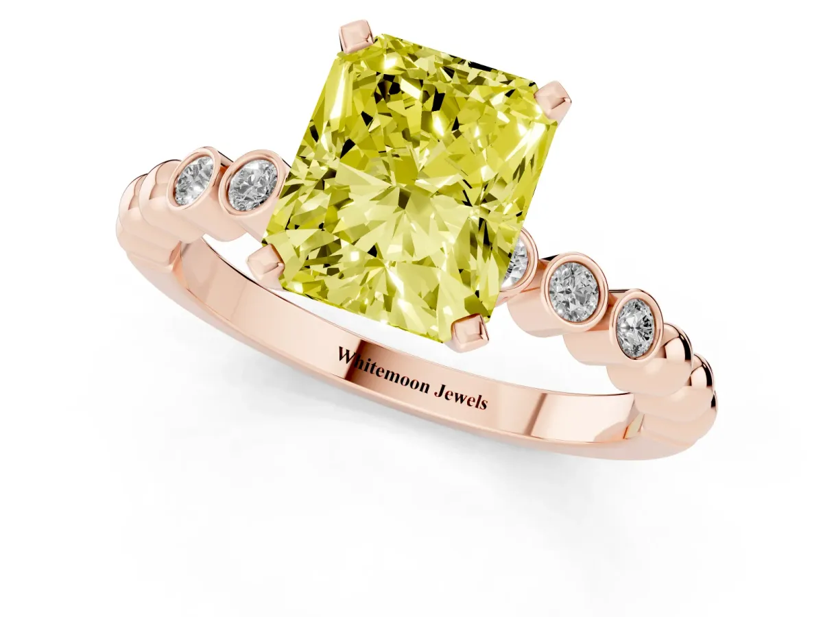 Fancy Yellow Radiant Cut Solitaire Bezel Accent Diamond Engagement Ring with Beaded Band and Four-Prong Setting Rose gold