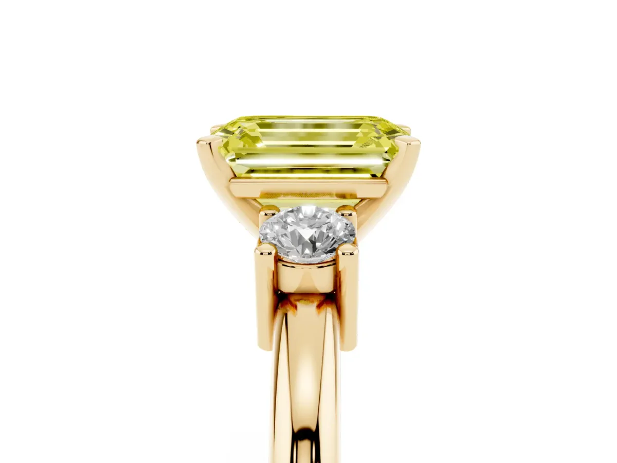 Fancy Yellow Three-Stone Emerald Cut Cut Diamond Solitaire with Prong Setting and Classic Band Yellow gold