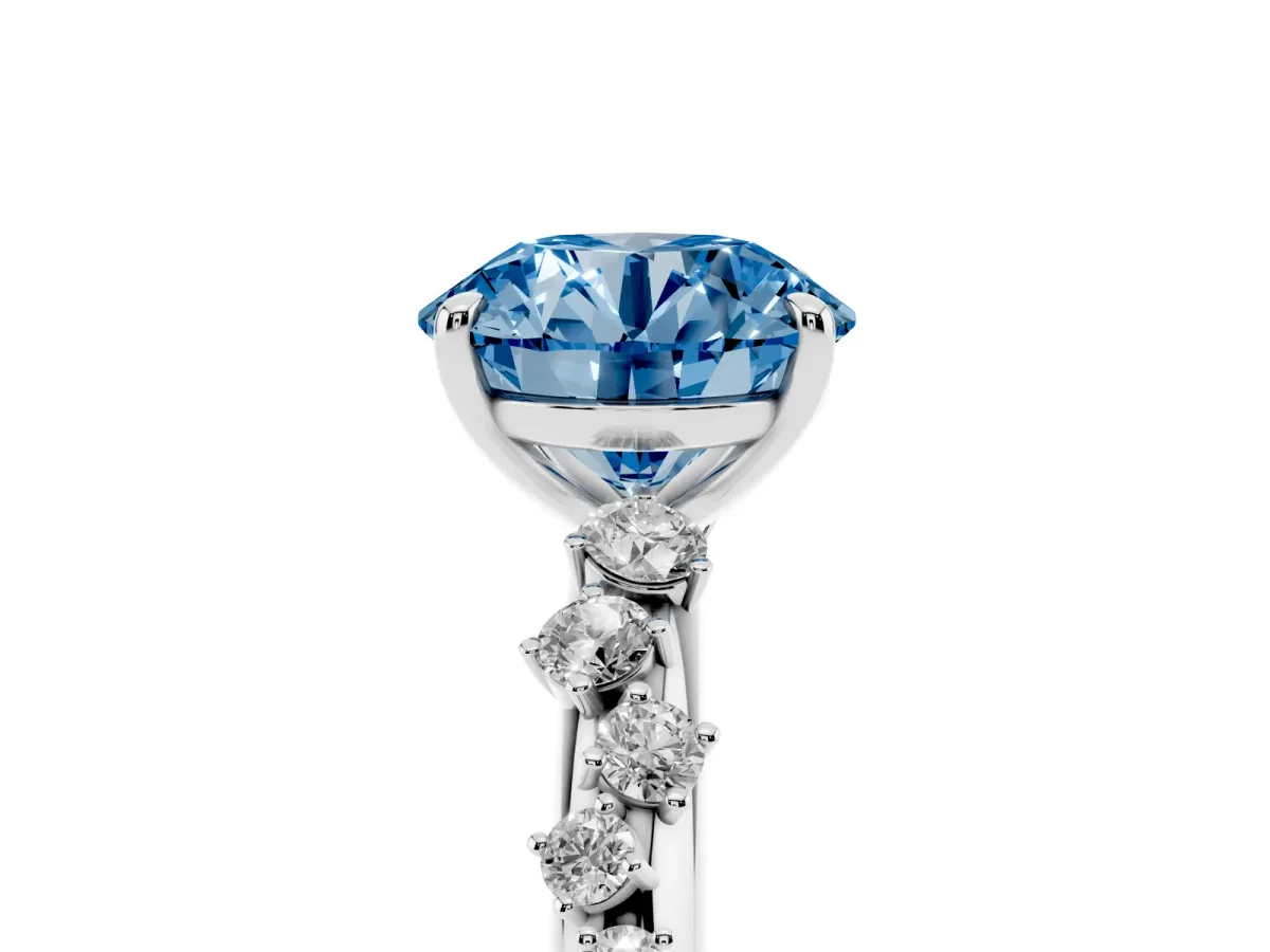 Fancy Blue Round Cut Diamond Cluster Prong-Set Solitaire Ring White gold
