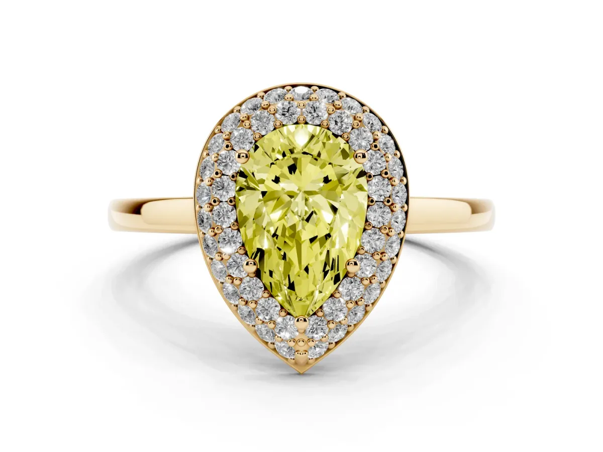 Fancy Yellow Pear Cut Halo Diamond Engagement Ring with Solitaire Band and Four-Prong Setting Yellow gold