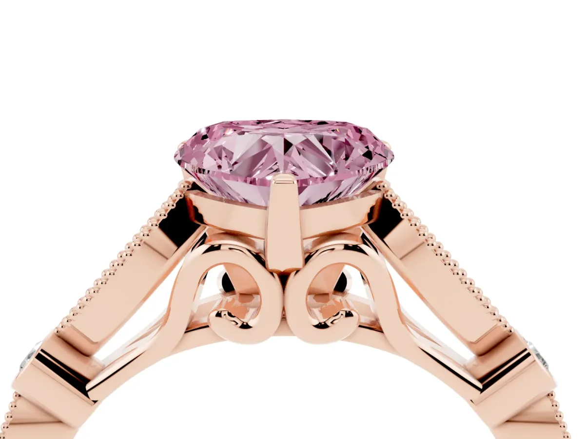 Fancy Pink Heart Cut Cut Diamond with Milgrain Marquise and Bezel Accents on a Solitaire Band with Prong Setting Rose gold