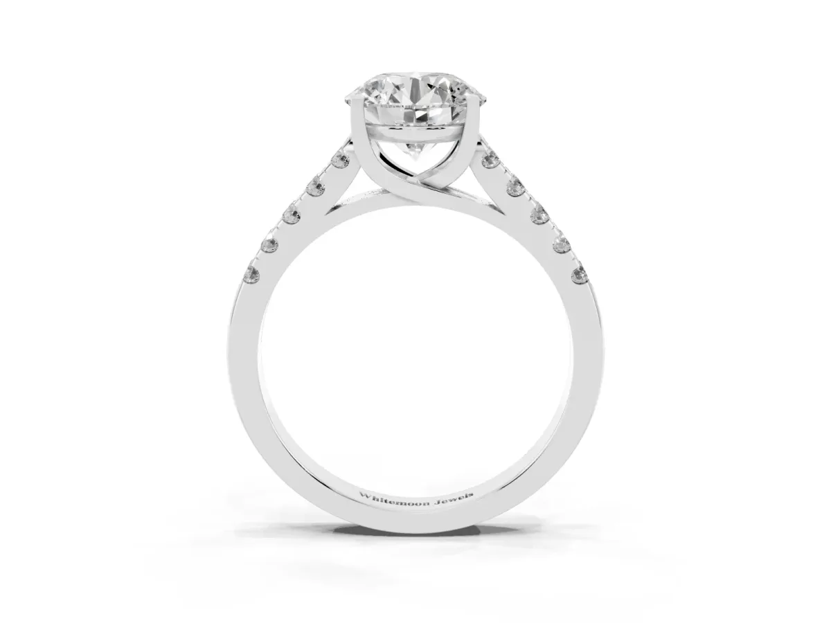 Round Cut Diamond Pavé Band Solitaire Ring with Prong Setting Silver