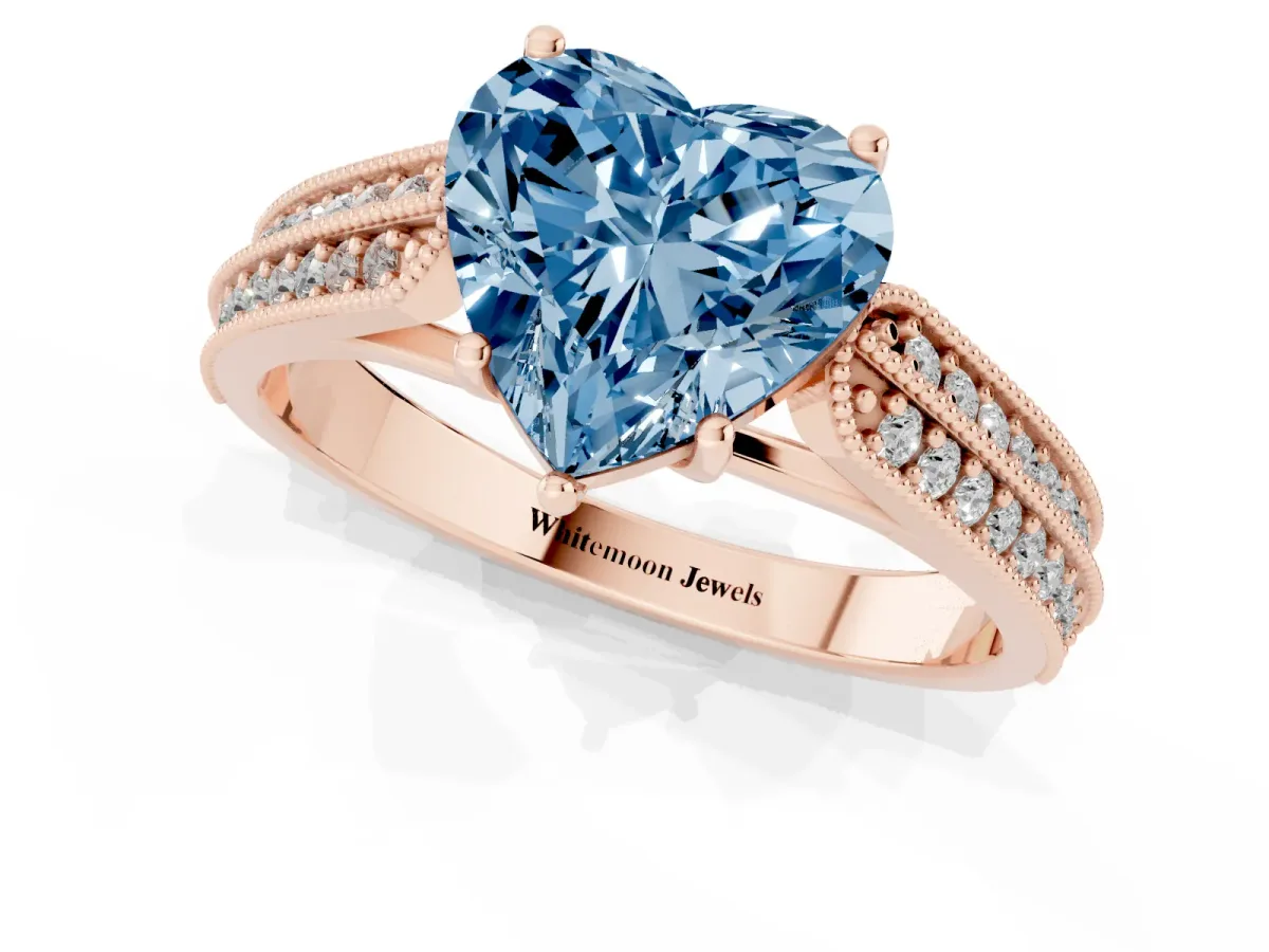 Fancy Blue Heart Cut Cut Pave Split Shank Engagement Ring with Four-Prong Setting Rose gold