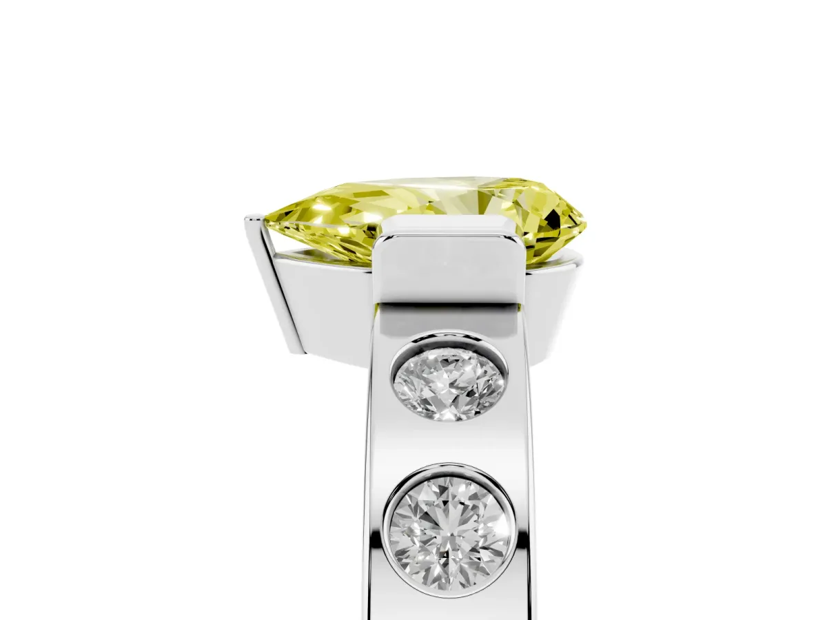 Fancy Yellow Pear Cut Brilliant Channel-Set Diamond Ring with Bezel Prong Setting Silver
