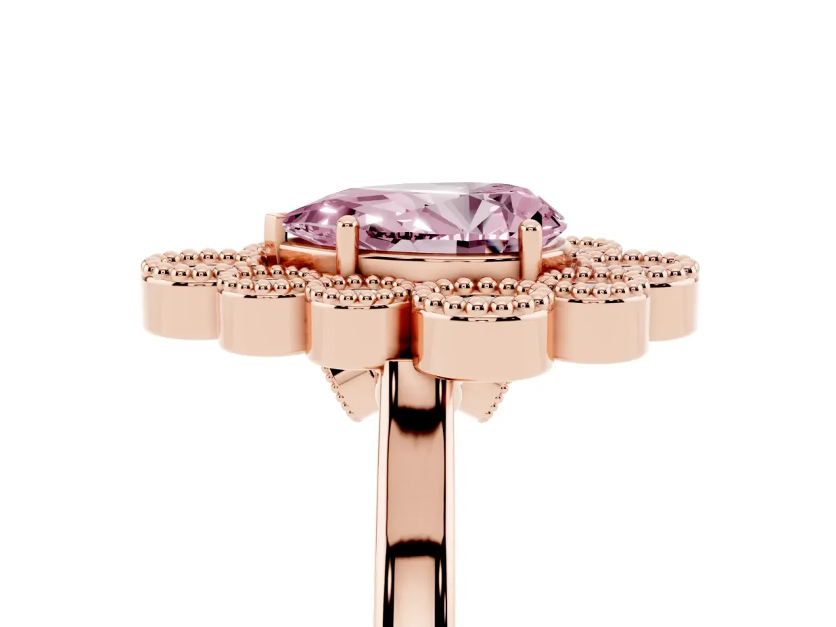 Fancy Pink Pear Cut Halo Diamond Cluster Engagement Ring with Milgrain Bezel Setting and Solitaire Band Rose gold