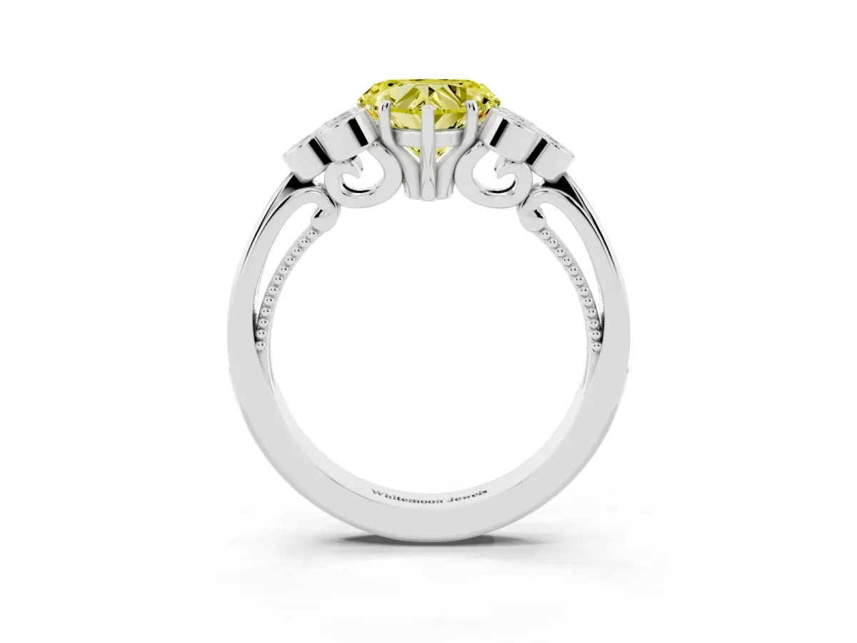 Fancy Yellow Heart Cut Cut Diamond Engagement Ring with Bezel Set Round Side Stones and Prong Setting White gold