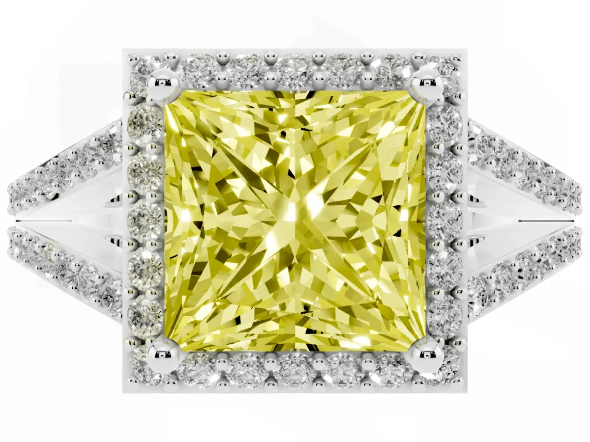 Fancy Yellow Princess Cut Halo Split Shank Diamond Ring with Prong Setting Silver