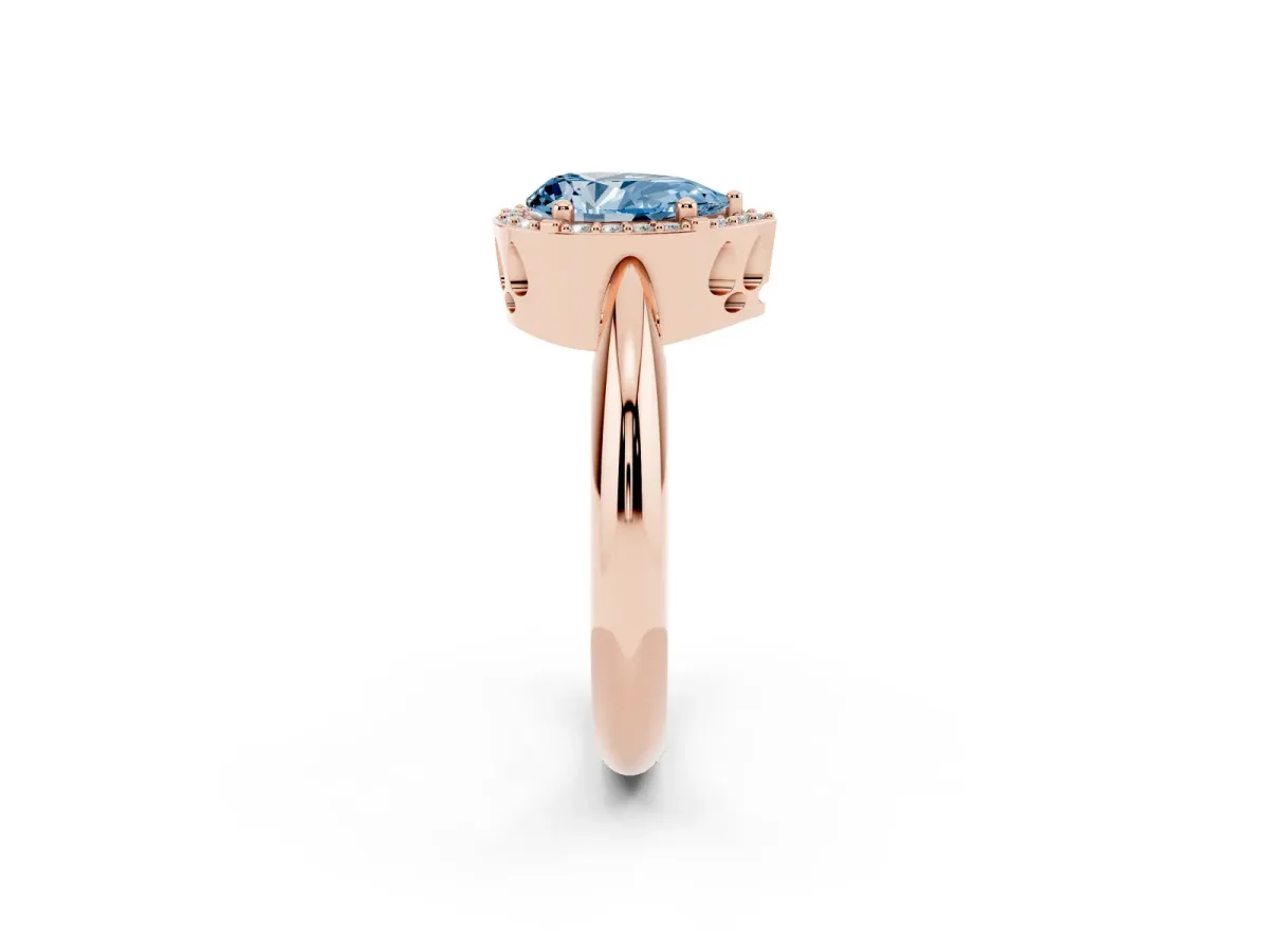 Fancy Blue Pear Cut Cut Diamond Halo Engagement Ring with Split Shank and Four-Prong Setting Rose gold