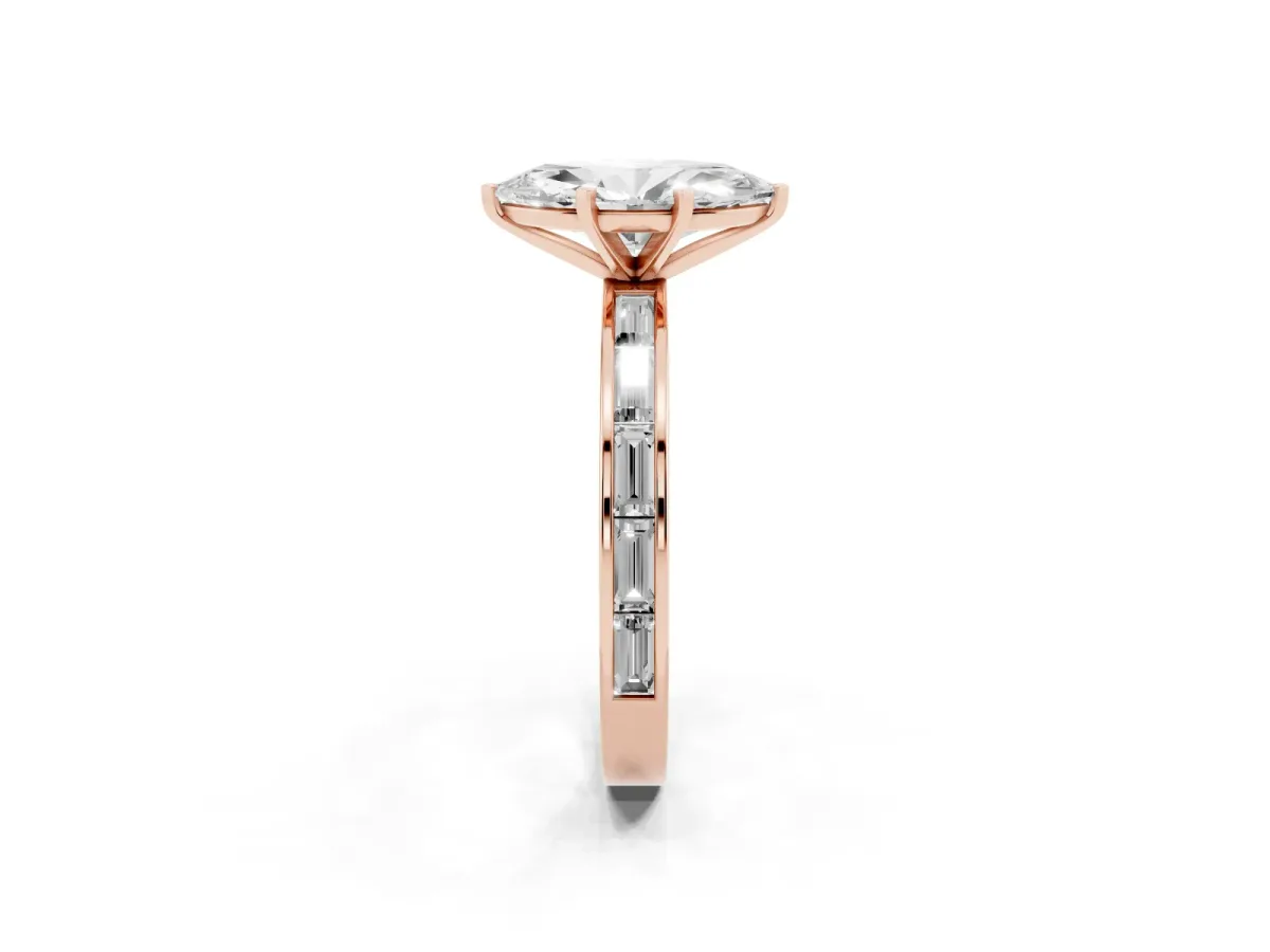 Marquise Cut Solitaire Diamond Ring with Channel-Set Baguette Band and Four-Prong Setting Rose gold