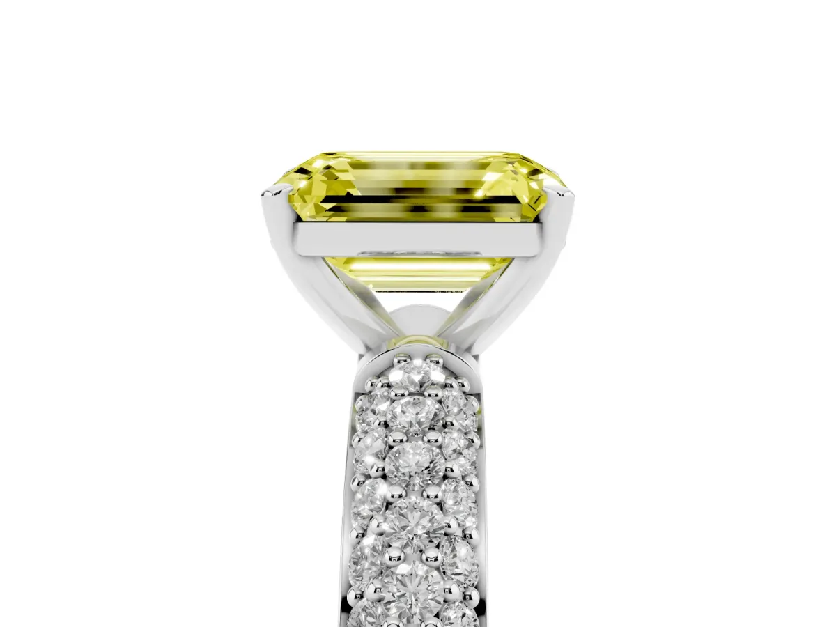 Fancy Yellow Emerald Cut Diamond Solitaire Ring with Prong Setting and Pavé Band Silver