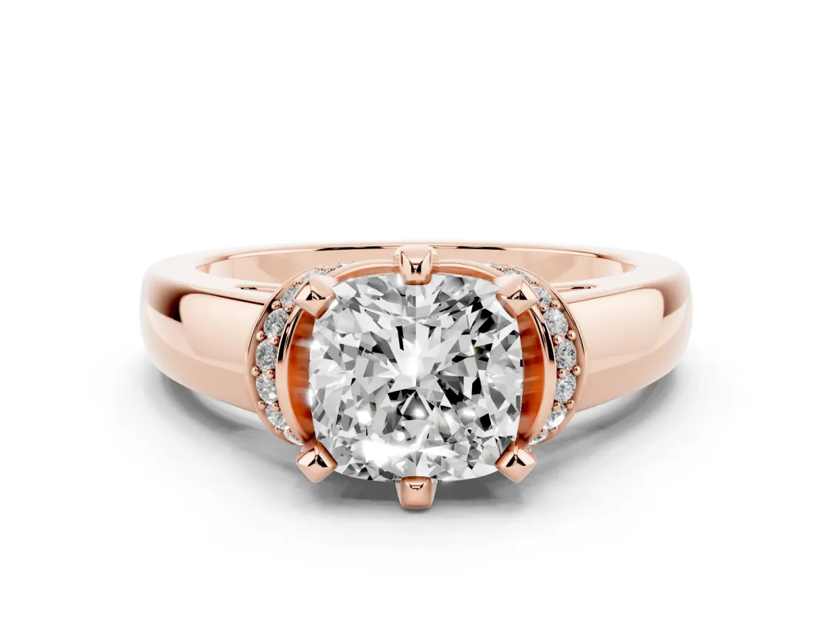 Cushion Cut Solitaire Diamond Ring with Pave Band and Six-Prong Setting Rose gold