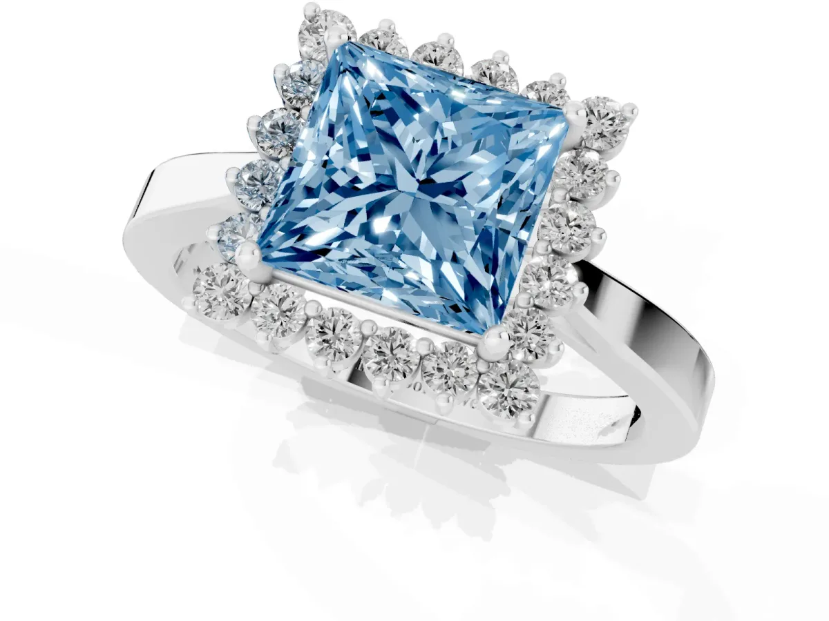 Fancy Blue Princess Cut Cut Diamond Halo Ring with Round Brilliant Halo and Solitaire Band Platinum