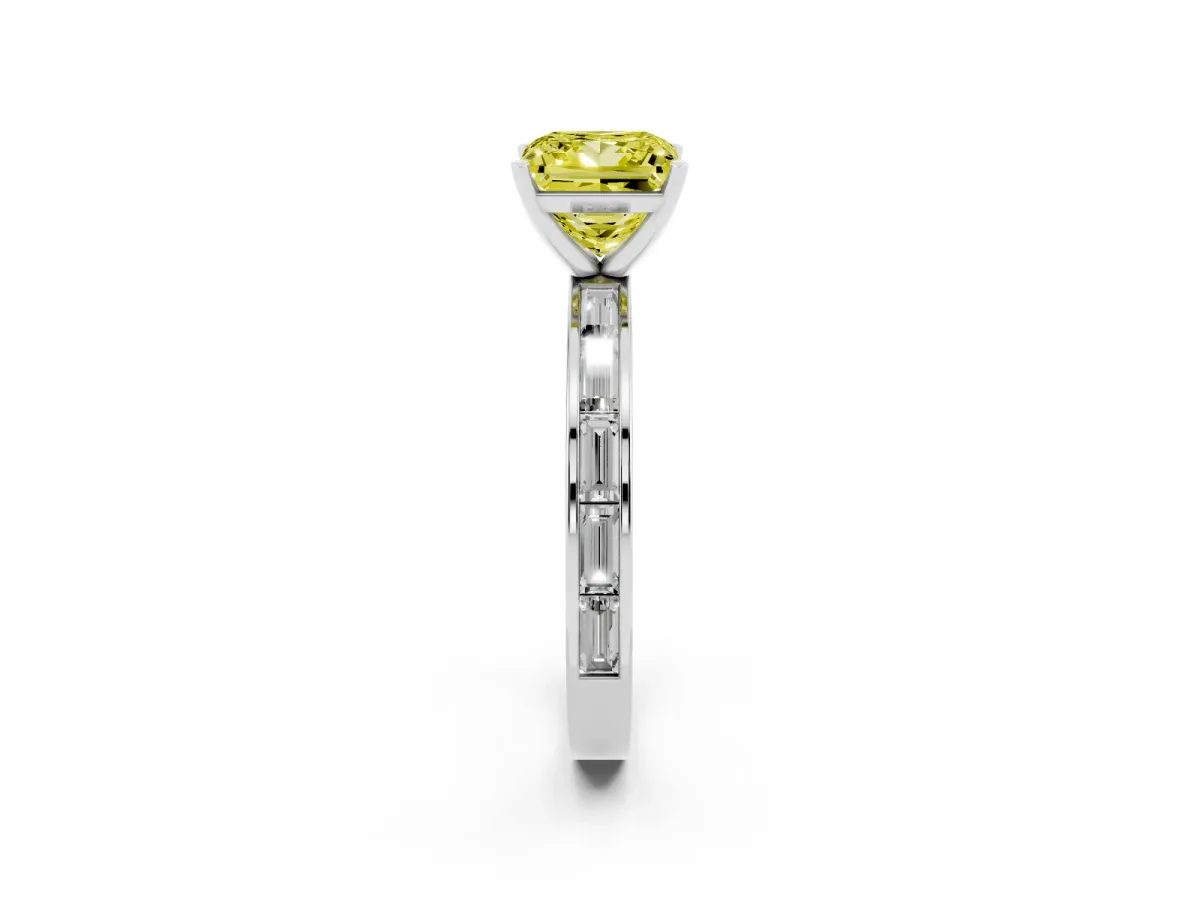 Fancy Yellow Princess Cut Solitaire Diamond Ring with Channel-Set Baguette Band and Four-Prong Setting Platinum