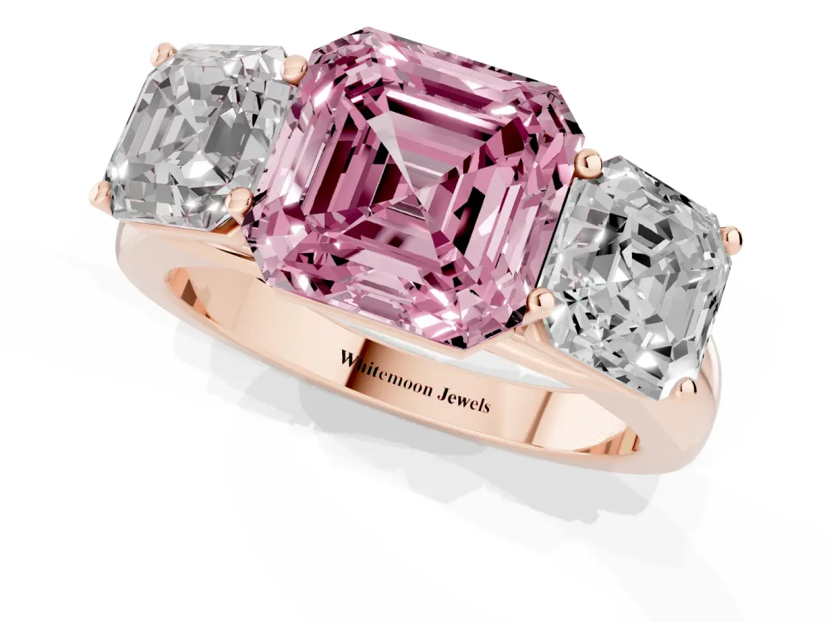 Fancy Pink Asscher Cut Three-Stone Diamond Ring with Prong Setting on a Classic Band Rose gold